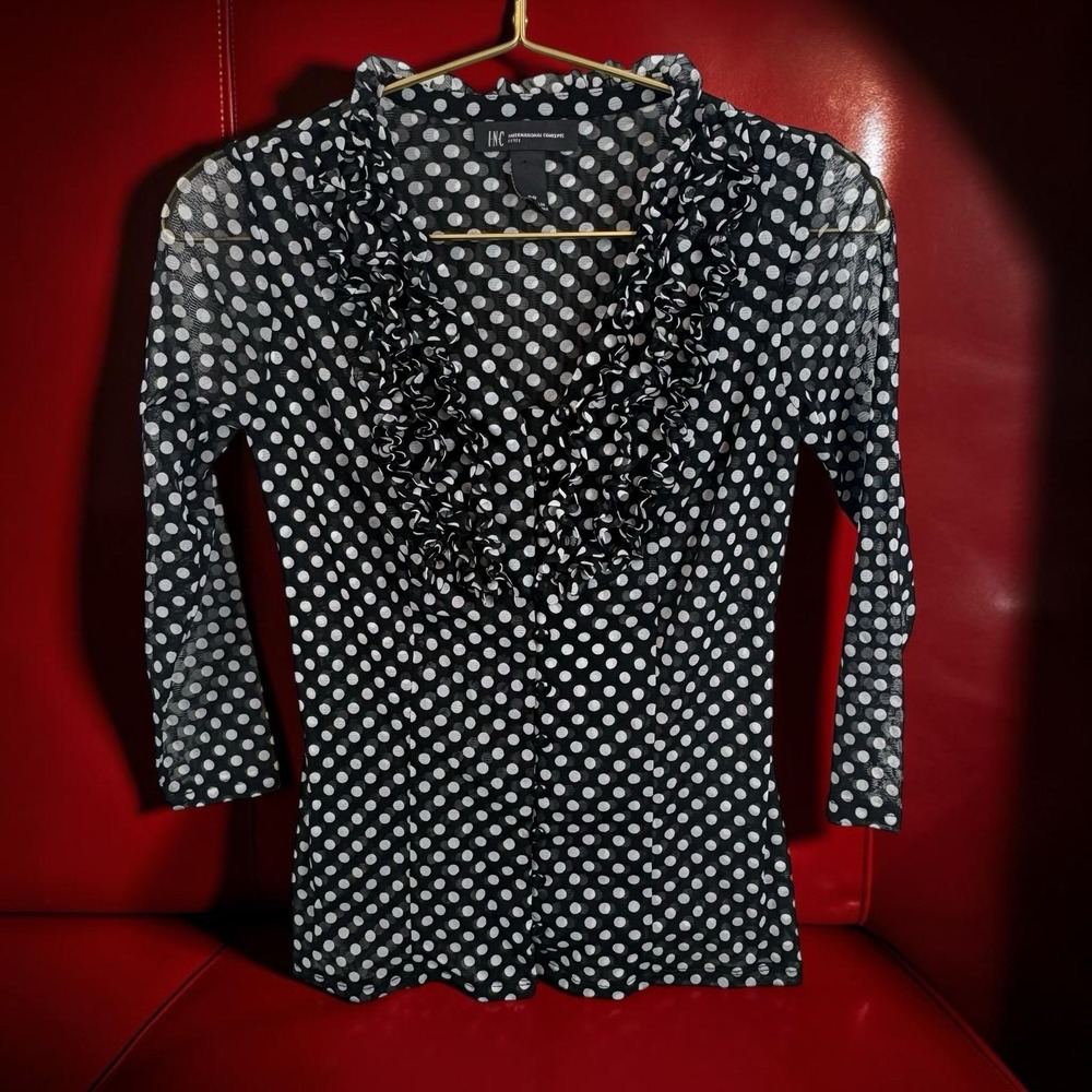 INC Y2K Sheer Black WHite Polka Dot Size Small Petite Blouse Ruffle Nylon Sheer